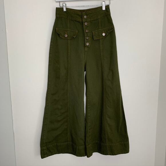 Farm Rio Wide Leg Pockets Twill Trousers Women's Size 38 Green Small - Picture 2 of 13